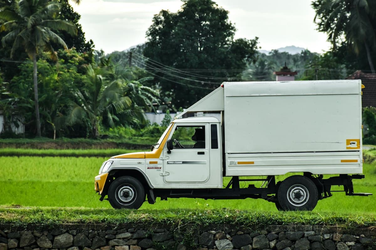 Compact mini lorry with a covered cargo body parked beside a paddy field